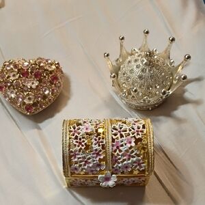 Gold-Tone Floral Trinket Box with Pink and White Enamel
